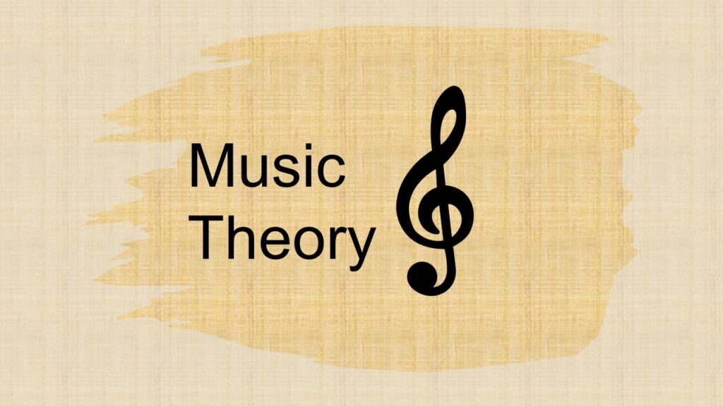 The word "music theory" follow by a treble clef sign
