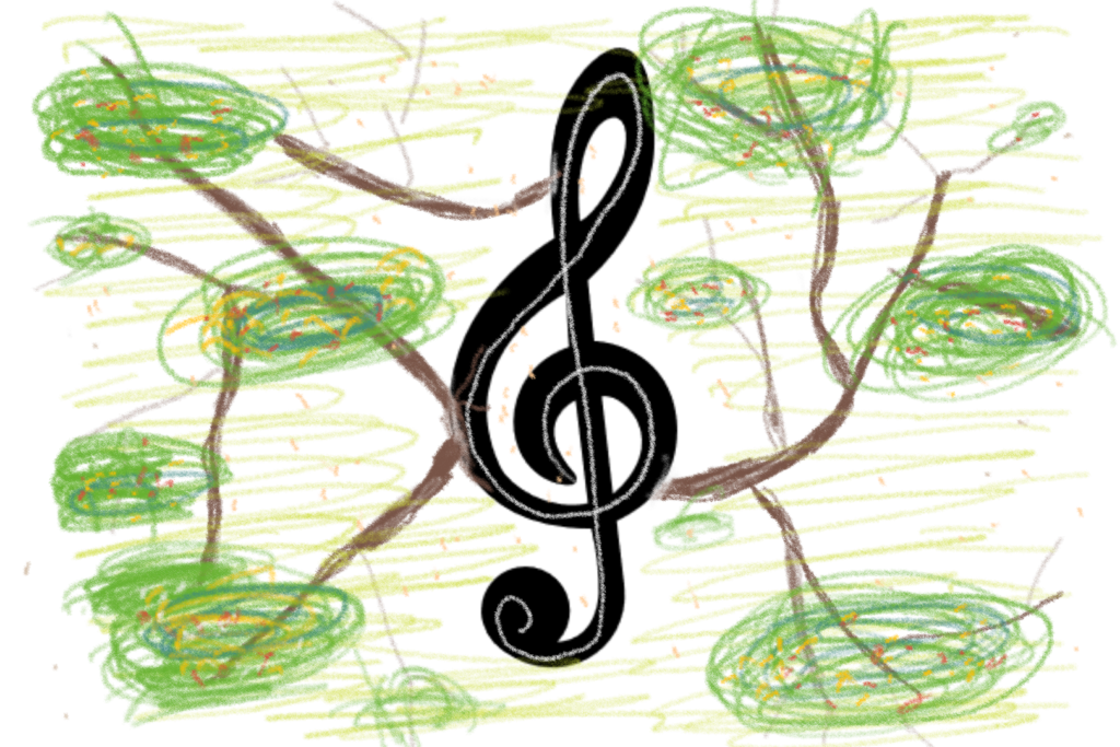 A treble clef in a tree