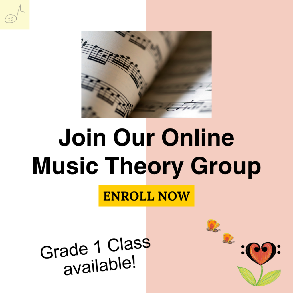 A Post about online music theory with music score and flower white pink background
