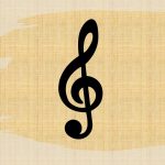 A treble clef symbol with a wooden background